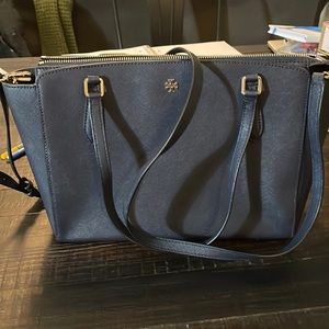 Tory Burch navy blue satchel bag with gold hardware and crossbody strap